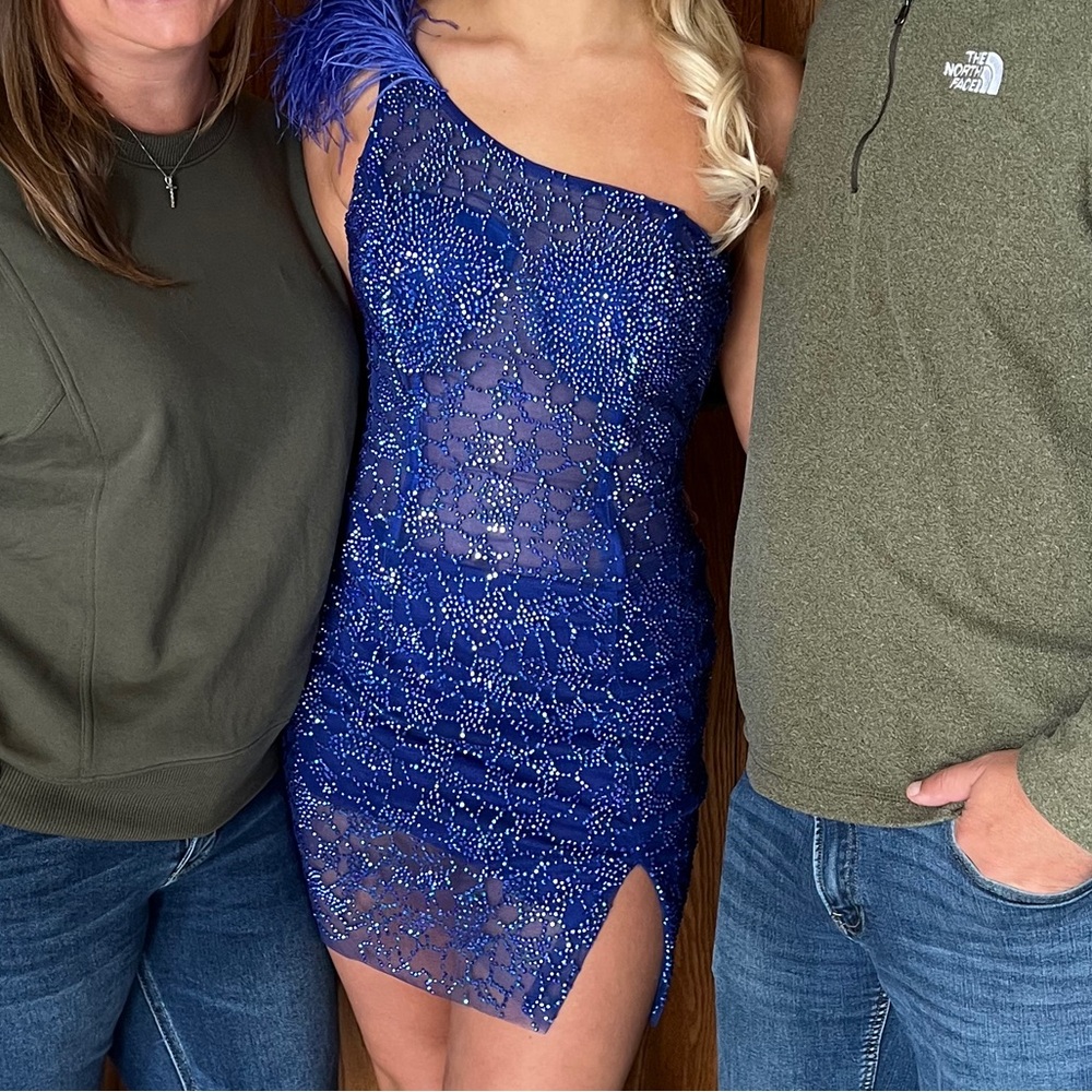 Jovani Royal Blue One-Shoulder Dress with Beaded Design